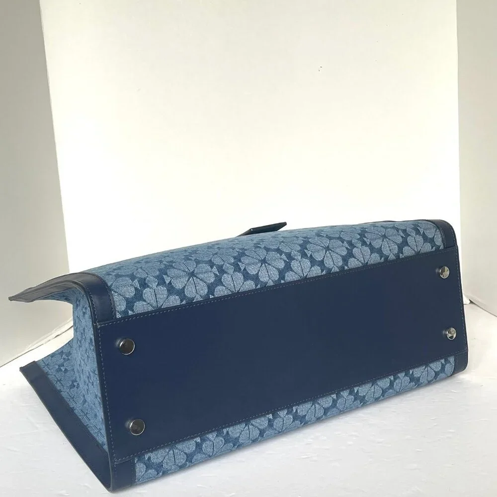 Kate Spade Jacquard Denim Large Manhattan Tote Bag Blue Flower Shoulder Strap - Picture 10 of 13